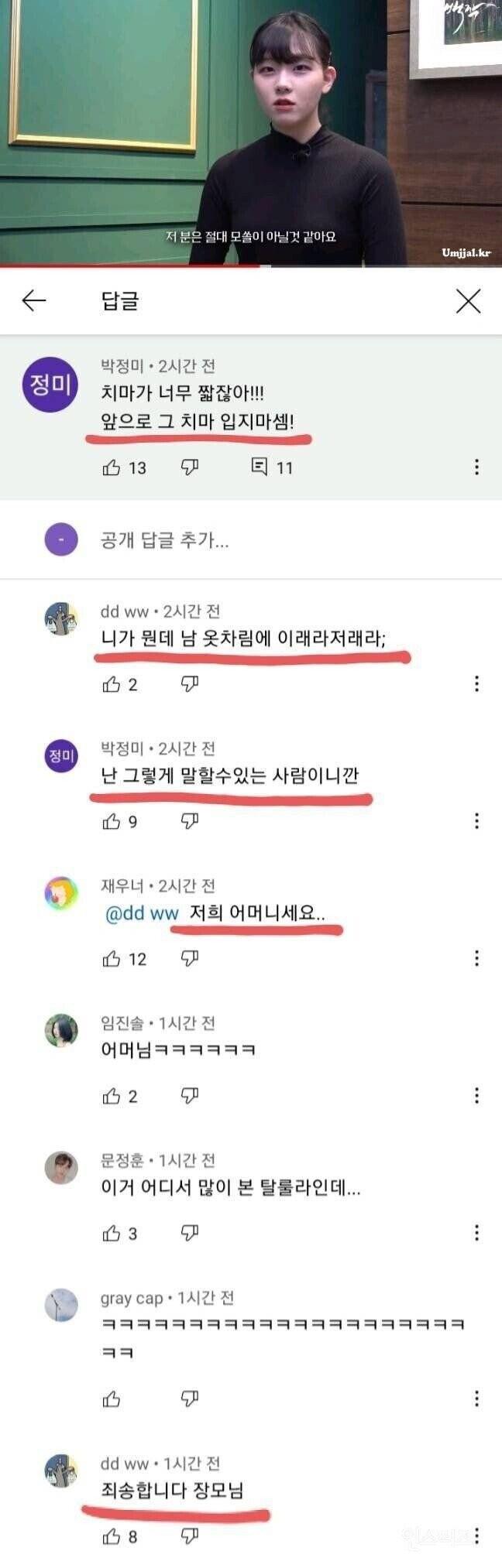여자유튜버 치마가 너무 짧다는 유튜브 댓글