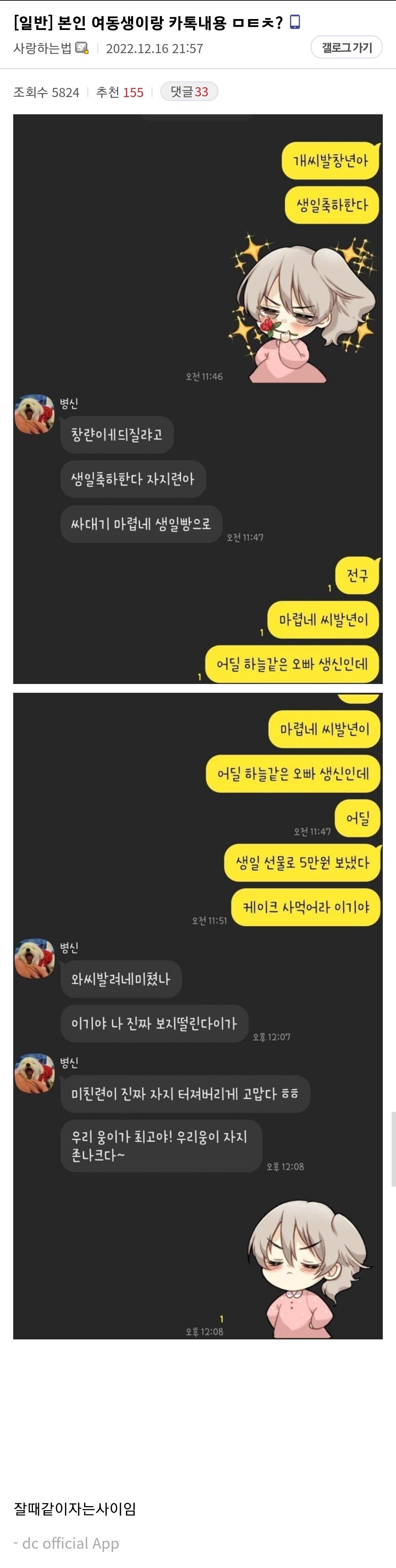 어질어질 디시의 현실 남매 카톡.talk