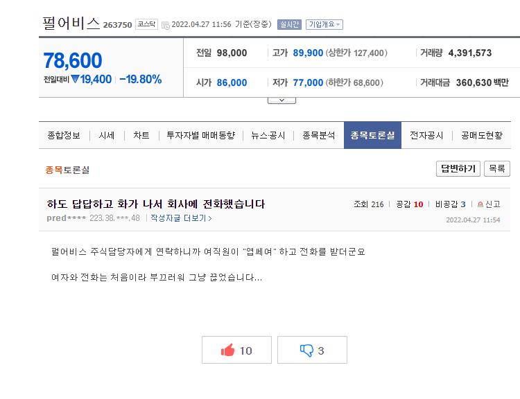 펄어비스 주가하락에 화가나서 회사에 전화했습니다