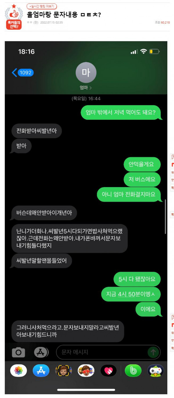 우울우울 엄마한테 문자 보낸 판녀
