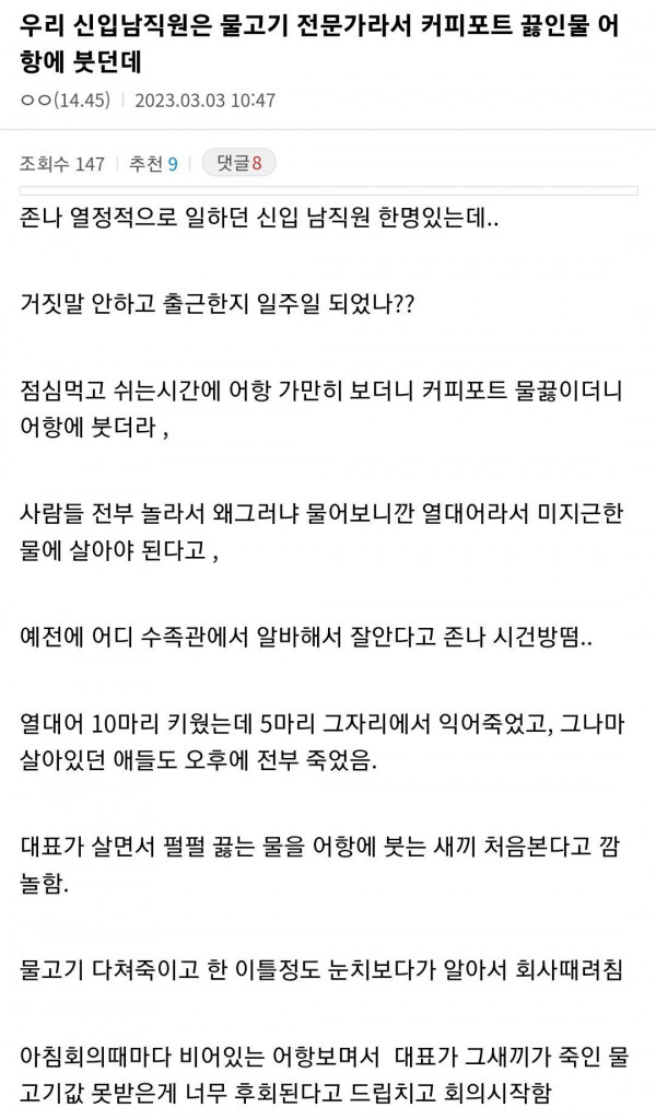 회사에 입사한 열대어 전문가 신입 직원