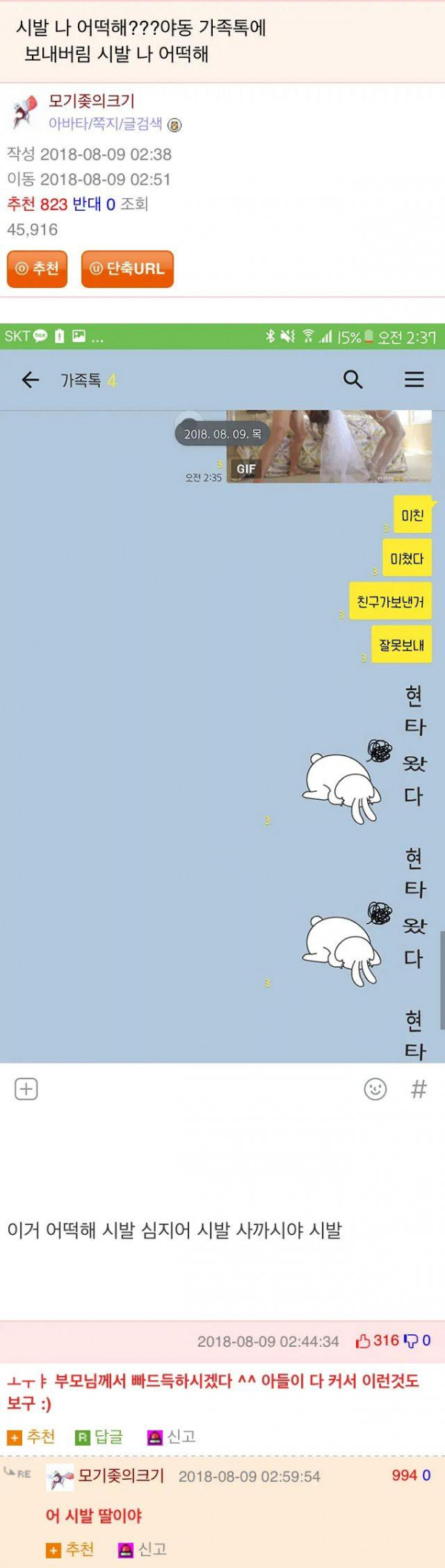 가족 단톡방에 야동올린 웃대녀 후기