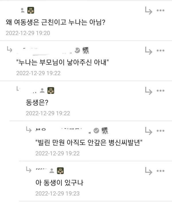 여동생은 근친인데 누나는 근친이 아닌 이유