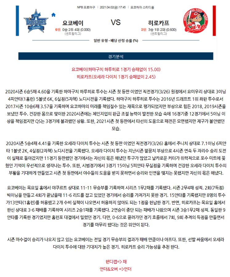 2021년4월2일 히로시마 도요 카프 요코하마 DeNA베이스타스 해외야구중계 라채티비.png
