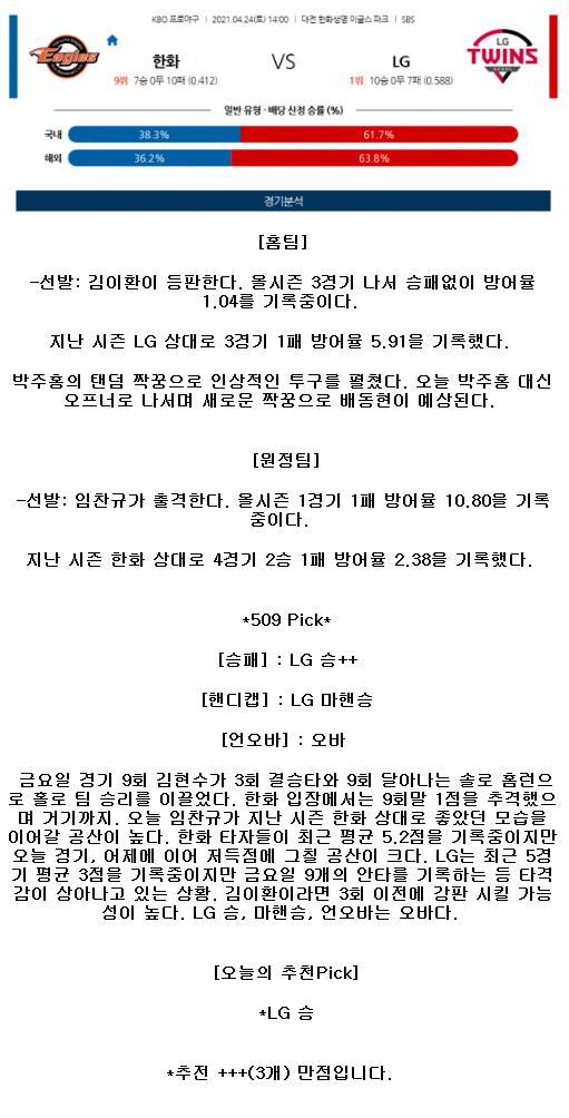 2021년4월24일 KBO 한화 LG 야구중게 라채티비.png